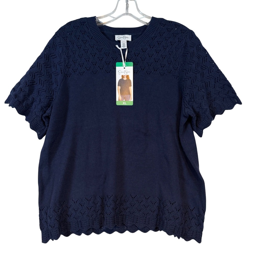 Jessica Simpson Navy Blue Pointelle Knit S/S Sweater XL Coastal Eyelet Office